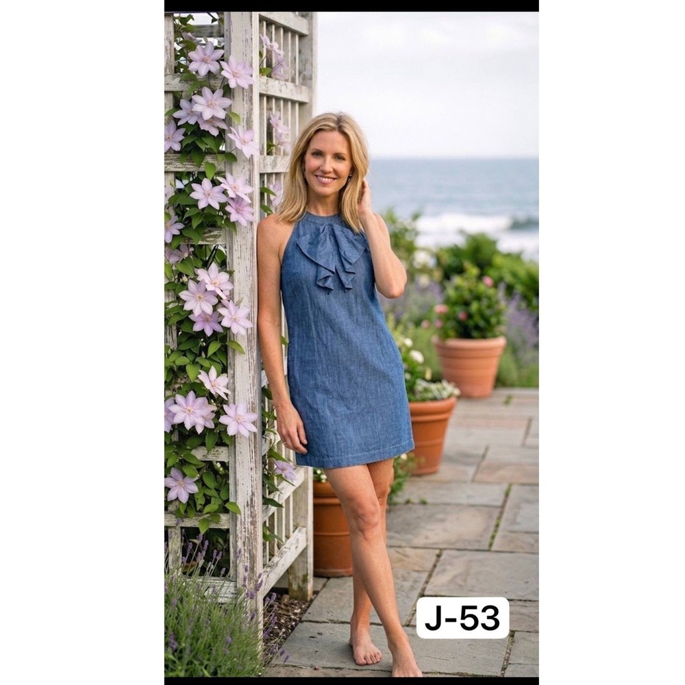 NWT Banana Republic Denim Ruffle Halter Dress Size 8 Blue Chambray With Pockets